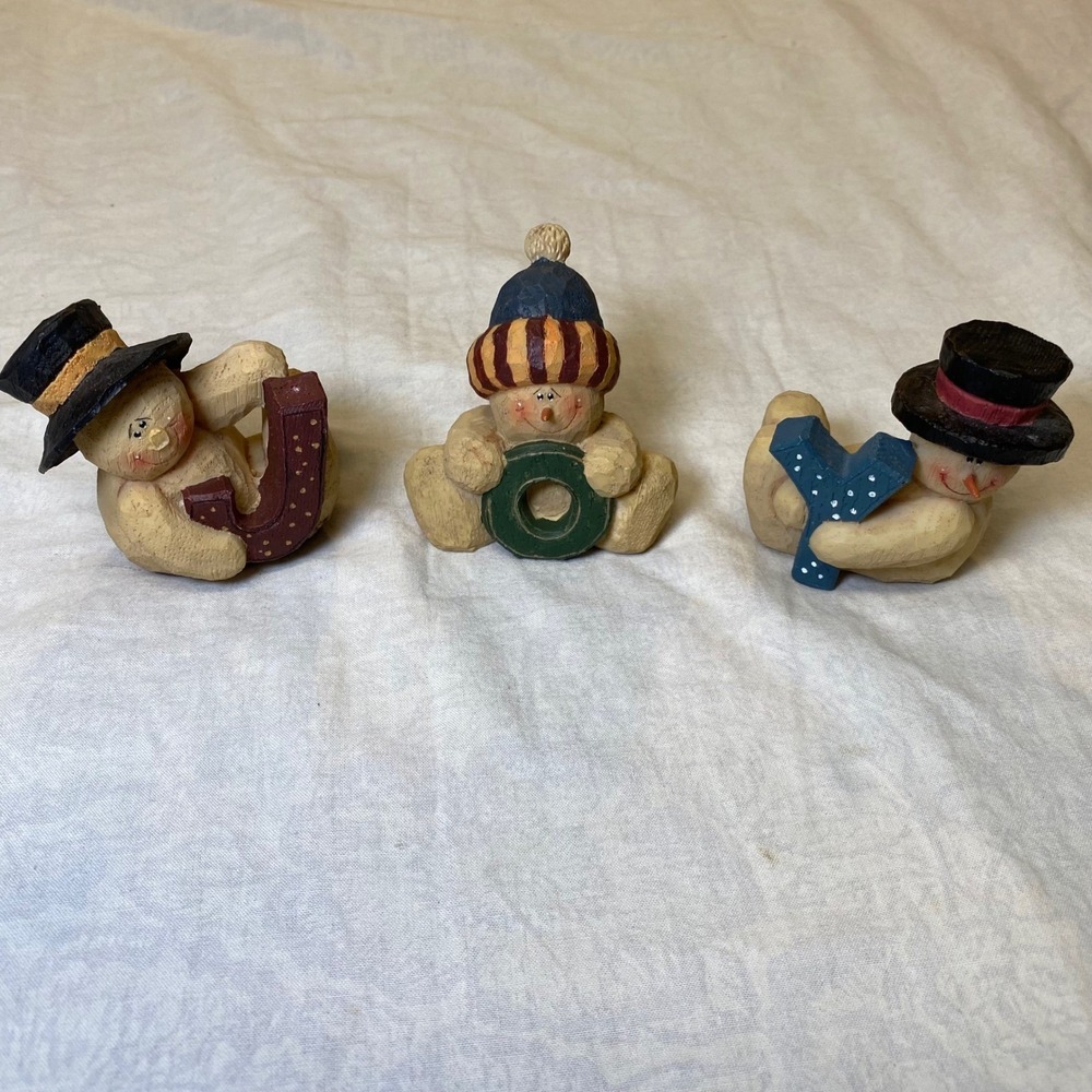 Vintage JOY Snowman Figurine Set Resin‎ Christmas Holiday Decor 3 Piece